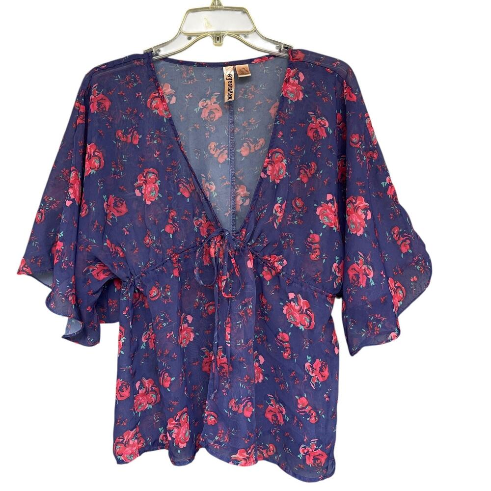 Eyeshadow Blouse Women Medium Blue Sheer Kimono Sleeve‎ Floral Drawstring Y2K